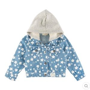 Miki Miette girls size 8 distressed denim jacket with removable sweatshirt hood